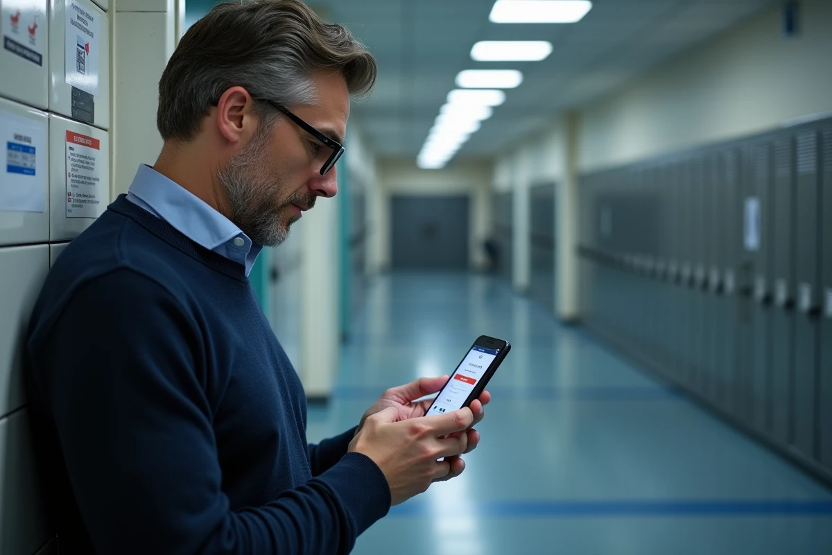 Professeur consultant la messagerie de l'académie Aix-Marseille sur smartphone dans un couloir de lycée