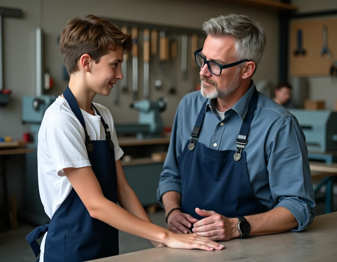 Adolescent en stage d'orientation découvrant un métier manuel avec un professionnel
