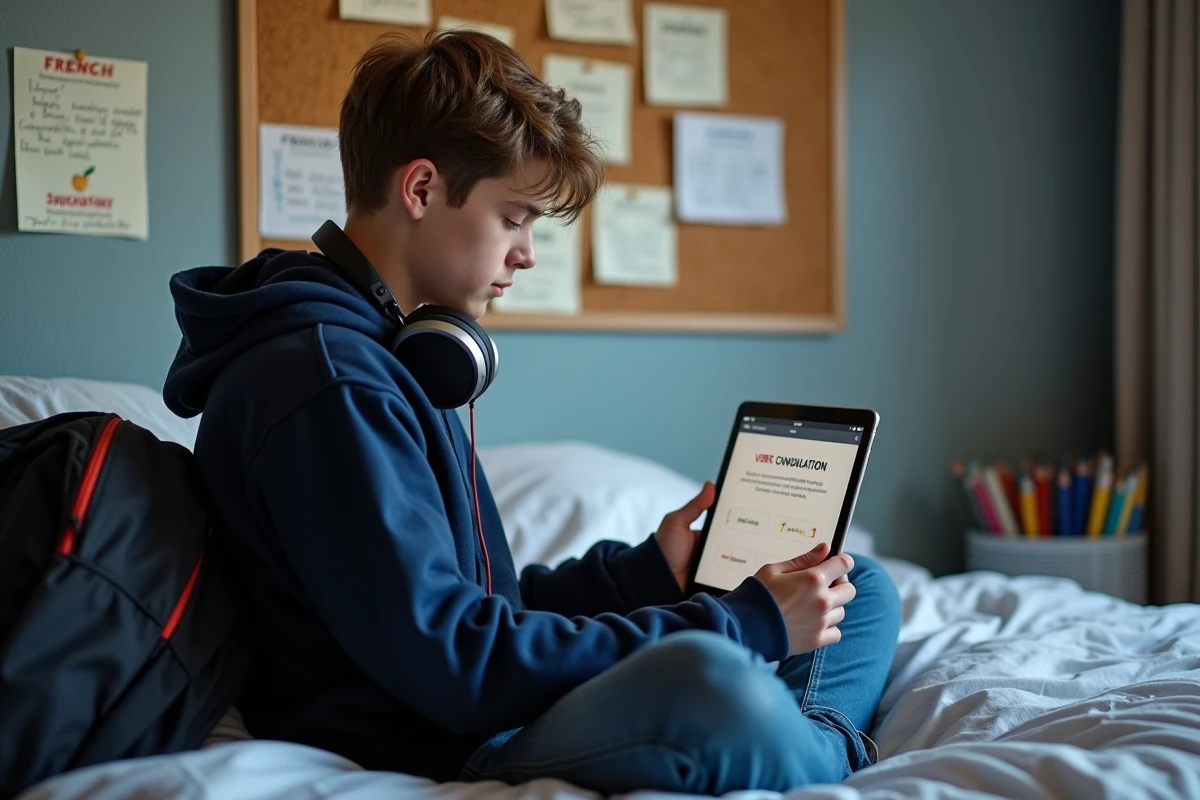 Adolescent révisant les conjugaisons du deuxième groupe de verbes sur une tablette dans sa chambre avec des fiches de grammaire au mur