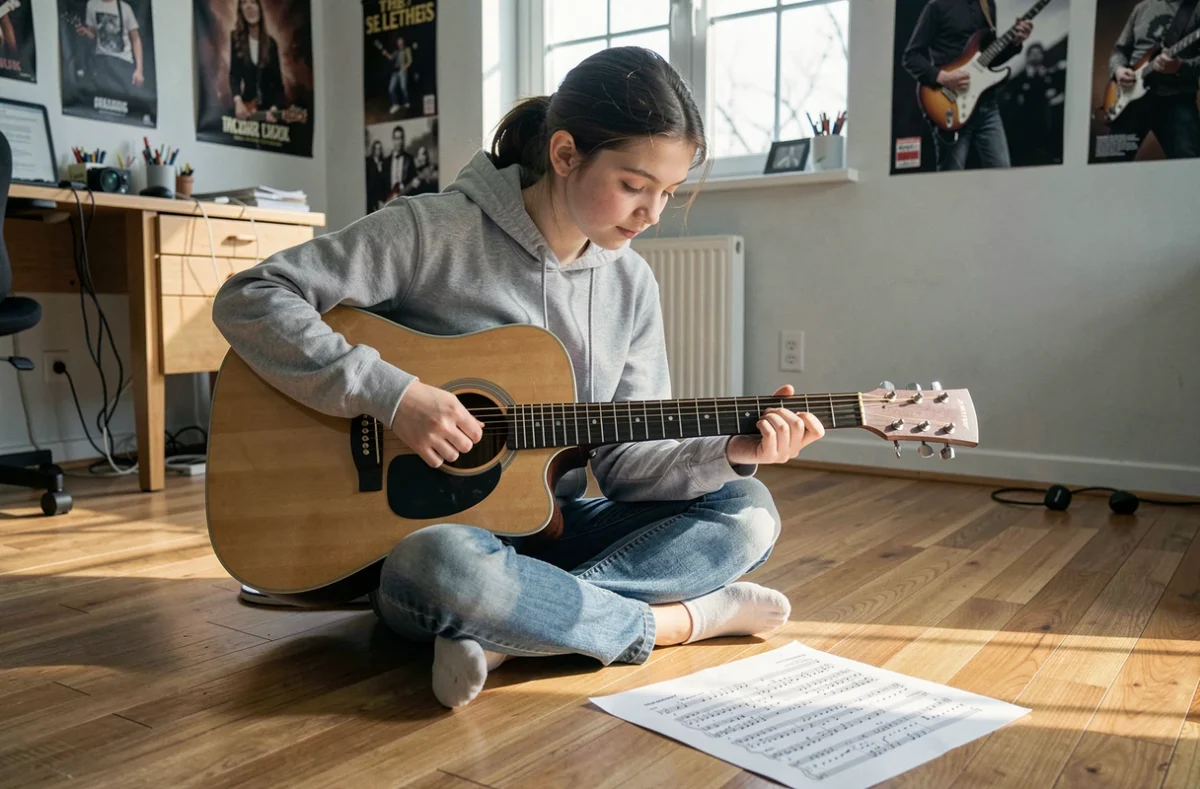 Adolescente apprenant la guitare avec une tablature imprimée de Let It Be posée sur le sol de sa chambre