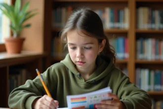Adolescente consultant un guide d'orientation professionnelle dans une bibliothèque scolaire