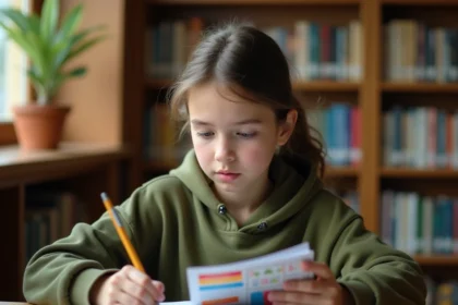 Adolescente consultant un guide d'orientation professionnelle dans une bibliothèque scolaire