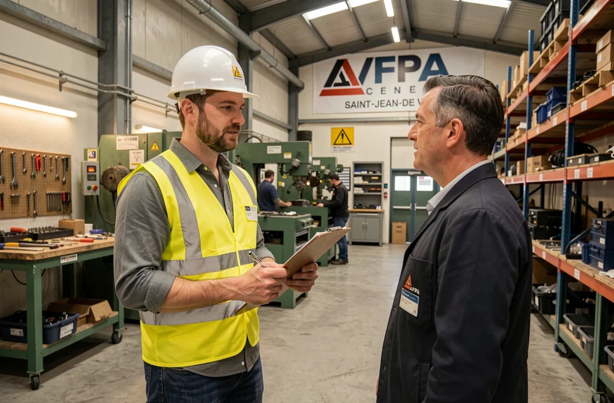 Stagiaire en reconversion professionnelle dans un atelier technique de l'AFPA de Saint-Jean-de-Védas, portant un équipement de sécurité