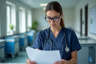 Aide-soignante consultant un protocole médical réglementaire dans un service hospitalier moderne