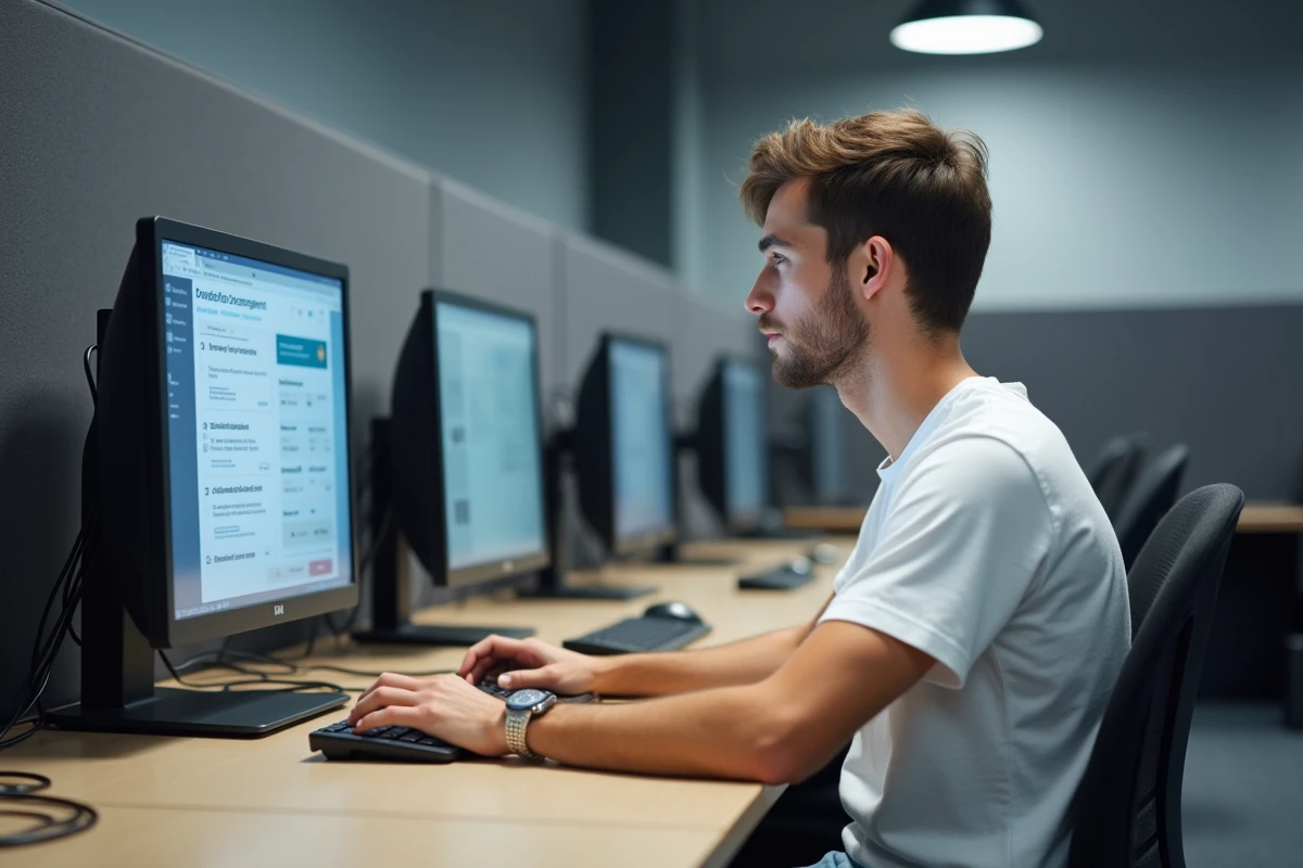 Jeune homme naviguant sur la nouvelle interface de formation en ligne Afpa Metisse 2026 dans un laboratoire numérique moderne