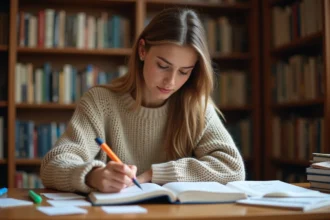 Jeune femme étudiant des mots connecteurs dans une bibliothèque universitaire avec des fiches manuscrites et un cahier ouvert
