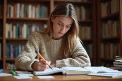 Jeune femme étudiant des mots connecteurs dans une bibliothèque universitaire avec des fiches manuscrites et un cahier ouvert