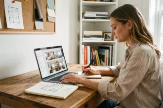 Femme apprenant l'architecture intérieure en ligne sur ordinateur portable avec croquis et planches d'inspiration