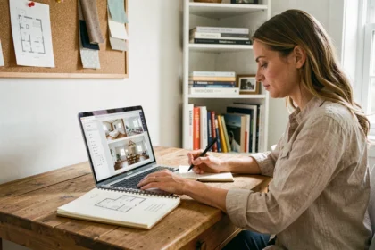 Femme apprenant l'architecture intérieure en ligne sur ordinateur portable avec croquis et planches d'inspiration