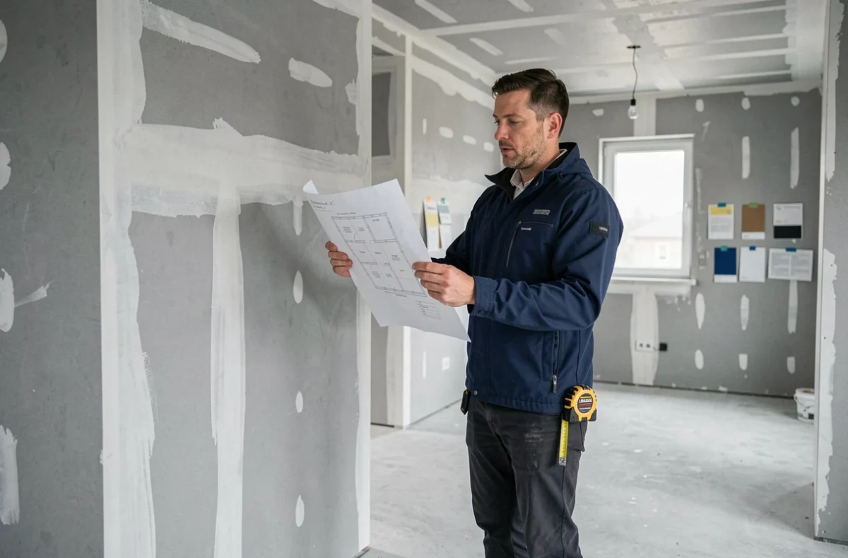Professionnel en architecture intérieure analysant un plan dans un appartement en rénovation