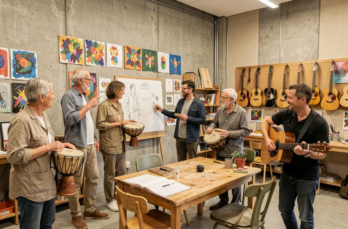 Participants à un atelier artistique et musical de l'Arta Lille dans un espace créatif collaboratif