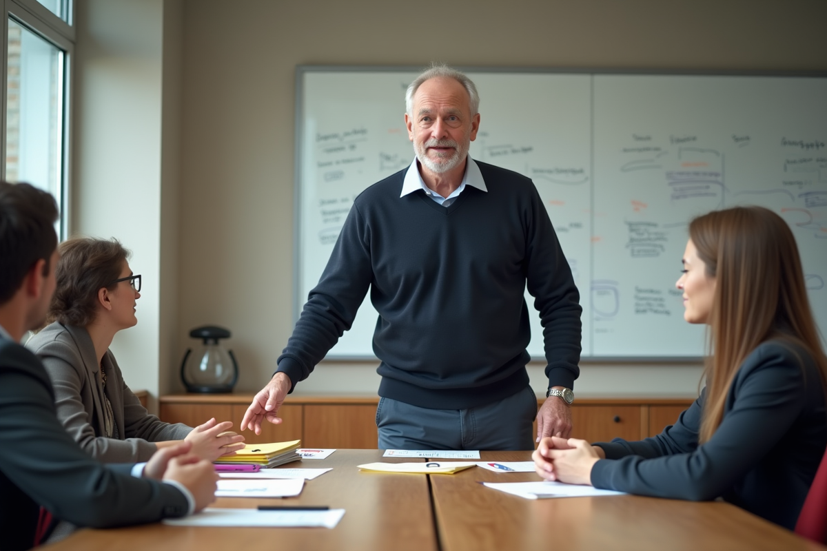 Assistant homme en réunion avec collègues dans une salle de conférence