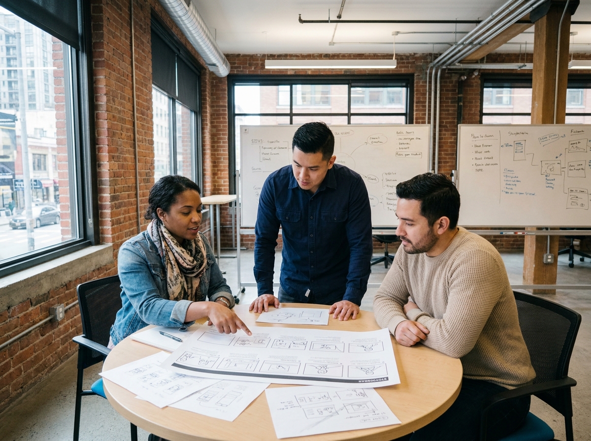 Groupe de jeunes professionnels préparant leur carrière dans l'entertainment autour d'un storyboard
