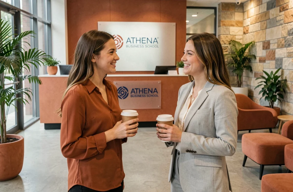 Deux étudiantes échangeant dans le hall d'entrée chaleureux de l'Athena Business School