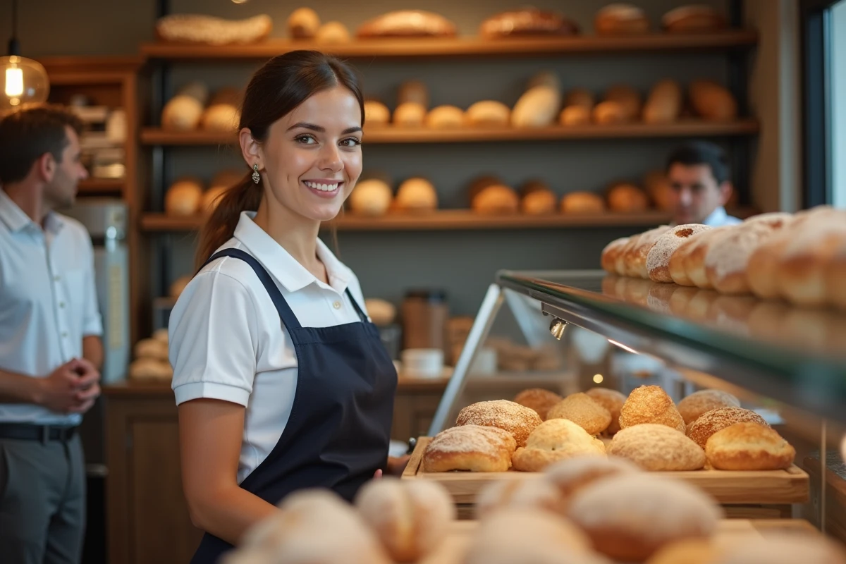 Jeune femme souriante servant des viennoiseries en boulangerie