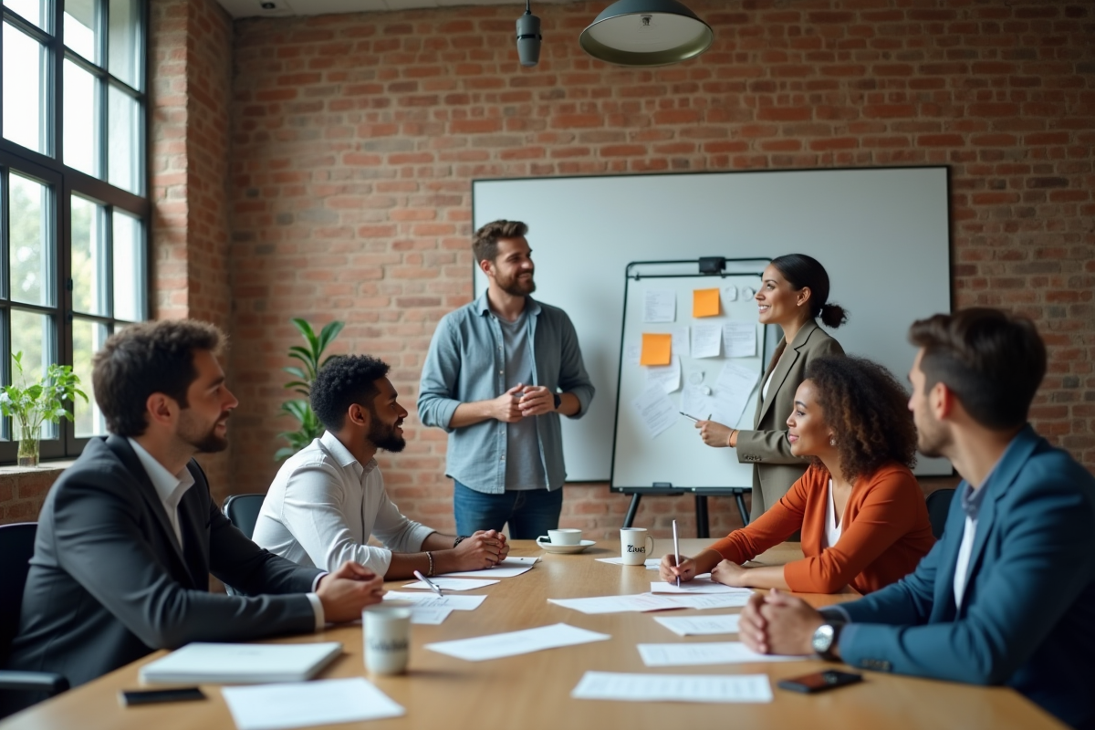 Groupe multiculturel en brainstorming dans un espace collaboratif