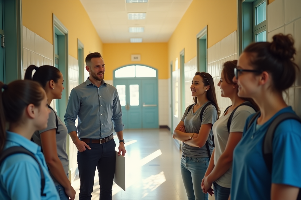 Briefing du personnel dans un couloir ensoleille d école