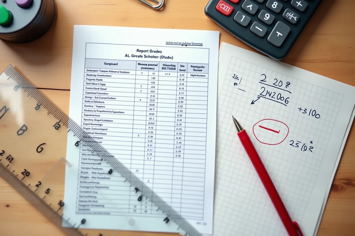 Vue aérienne d'un bulletin scolaire avec calculs de notes par coefficient écrits à la main sur papier quadrillé et calculatrice