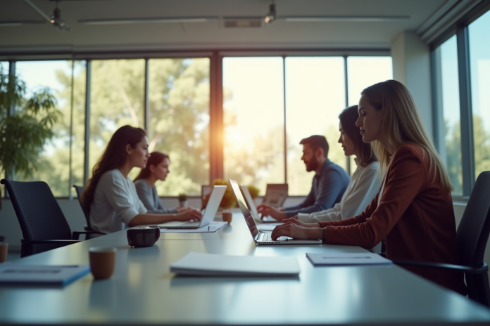 Espace de travail moderne avec equipe diverse en pleine action