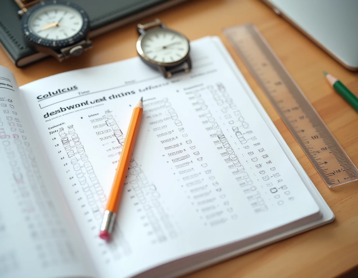 Gros plan sur un cahier de test de QI scolaire avec un crayon et une montre sur un bureau en bois