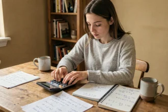 Jeune femme calculant une moyenne avec coefficient sur une calculatrice, entourée de notes manuscrites sur un bureau en bois