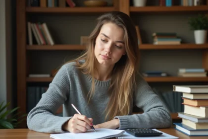 Jeune femme calculant ses notes avec coefficient dans un carnet sur un bureau en bois entouré de feuilles de résultats scolaires