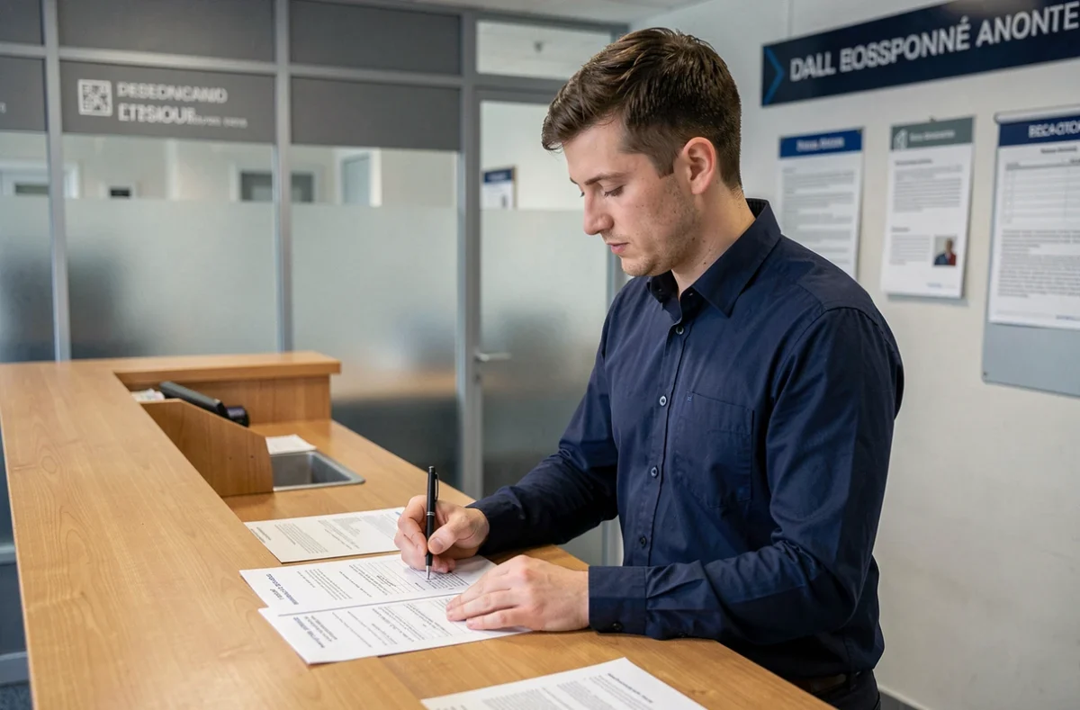 Candidat libre remplissant des formulaires d'inscription aux examens dans un bureau administratif