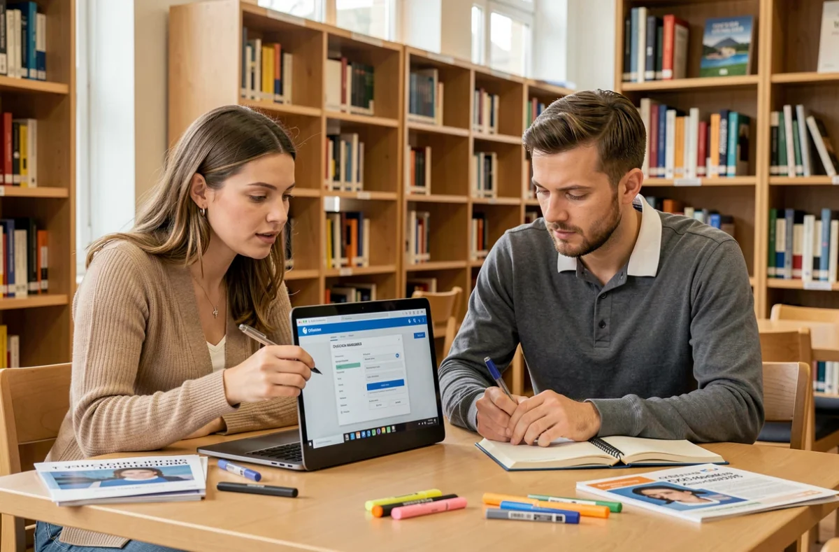Deux candidats libres consultant la plateforme Cyclades sur un ordinateur portable dans une bibliothèque