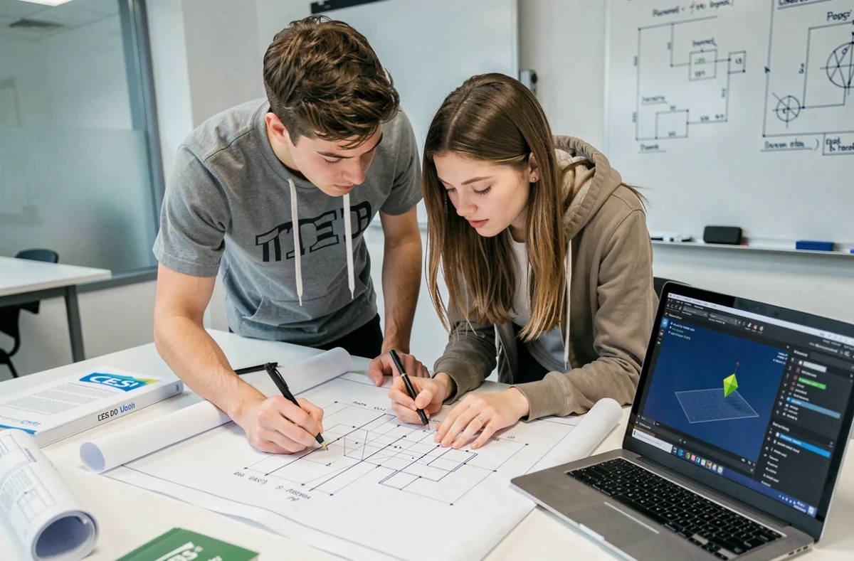 Deux étudiants en ingénierie en alternance travaillant sur un schéma technique au CESI Montpellier