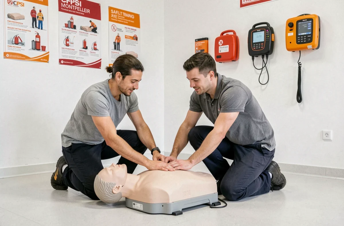 Stagiaires pratiquant les gestes de premiers secours sur mannequin lors d'une formation sécurité au CFPSI Montpellier
