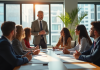 Coach confiant guidant groupe en réunion de brainstorming