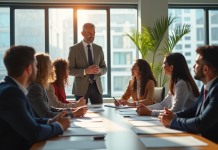 Coach confiant guidant groupe en réunion de brainstorming