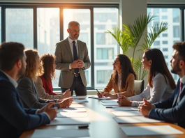 Caractéristiques d’un coach efficace : comment les reconnaître ? Coach confiant guidant groupe en réunion de brainstorming