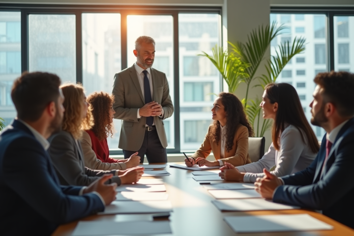 Coach confiant guidant groupe en réunion de brainstorming