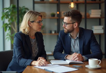 Coach femme en discussion avec un client homme dans un bureau moderne