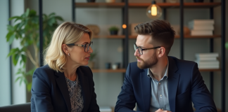 Coach femme en discussion avec un client homme dans un bureau moderne