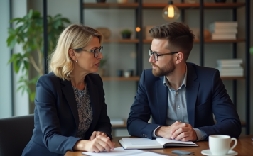 Coaching professionnel : quels objectifs atteindre avec votre coach ? Coach femme en discussion avec un client homme dans un bureau moderne