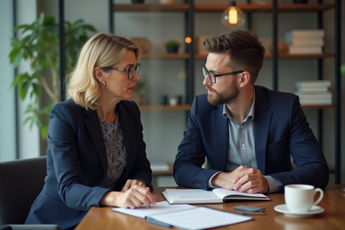 coach-conversation-professionnelle Coach femme en discussion avec un client homme dans un bureau moderne