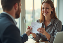 Coach professionnel remettant une facture à un client souriant dans un bureau lumineux