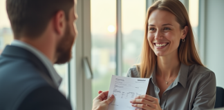 Coach professionnel remettant une facture à un client souriant dans un bureau lumineux