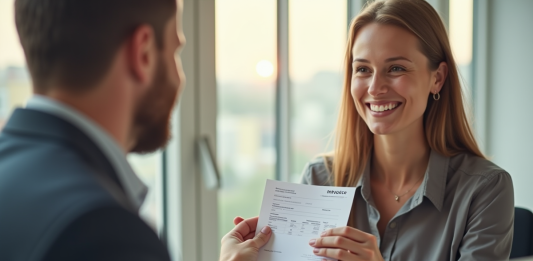 Coach professionnel remettant une facture à un client souriant dans un bureau lumineux