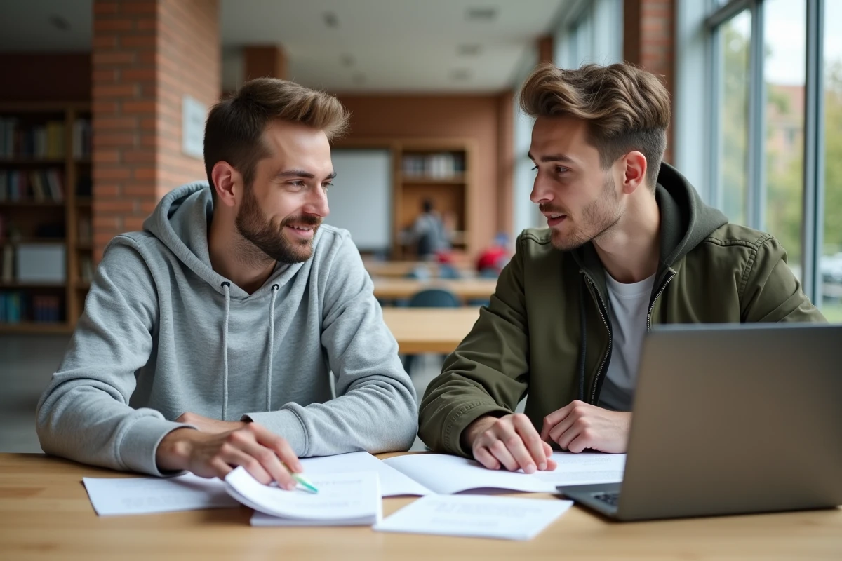 Deux étudiants ingénieurs collaborant sur un projet de stage avec un ordinateur portable et des documents sur un campus universitaire