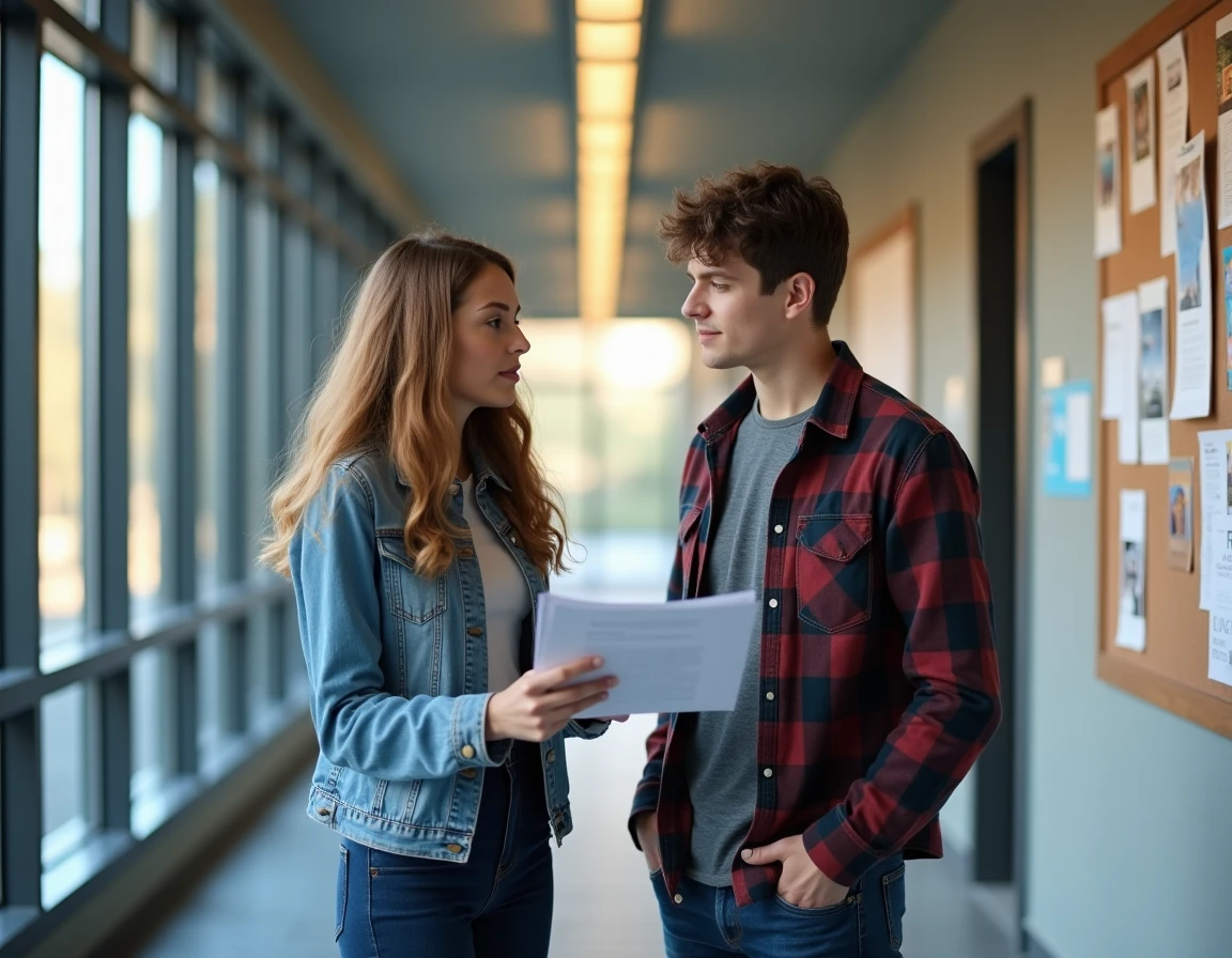 Deux étudiants comparant des brochures de différentes écoles de jeux vidéo dans un couloir universitaire moderne