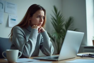 Femme frustrée devant un écran d'ordinateur portable affichant une erreur de connexion sur un compte bloqué