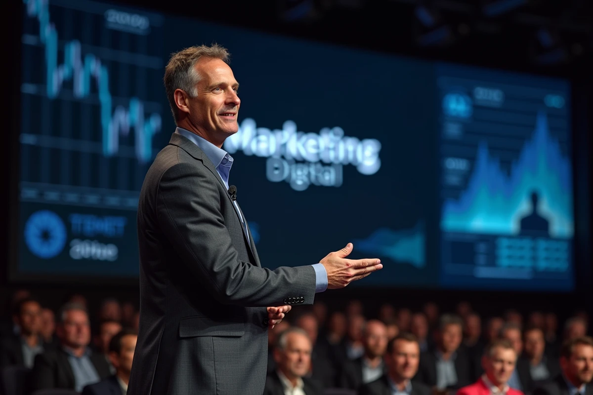 Conférencier présentant une keynote lors d'une conférence marketing digital à Paris devant un grand écran