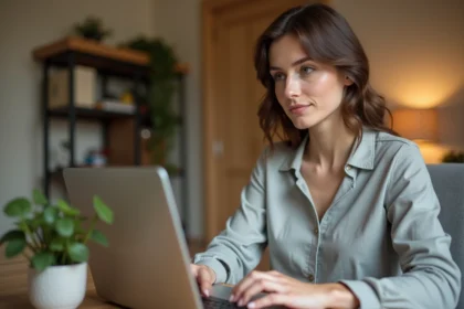 Femme connectée à son espace inscrit sur un ordinateur portable dans un bureau à domicile moderne