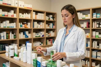 Conseillère en parapharmacie portant une blouse blanche derrière un comptoir professionnel entouré de produits cosmétiques et de santé