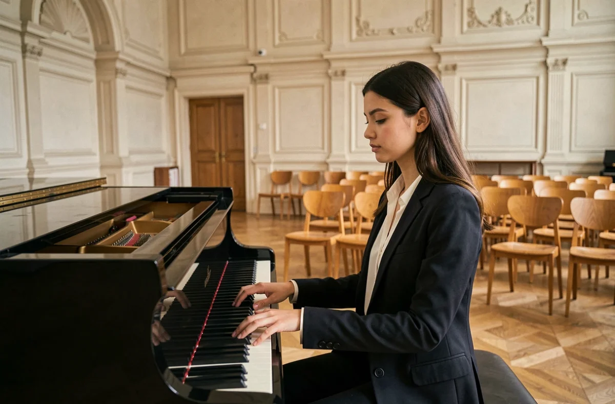 Étudiante au piano dans une salle de répétition du Conservatoire de Lille