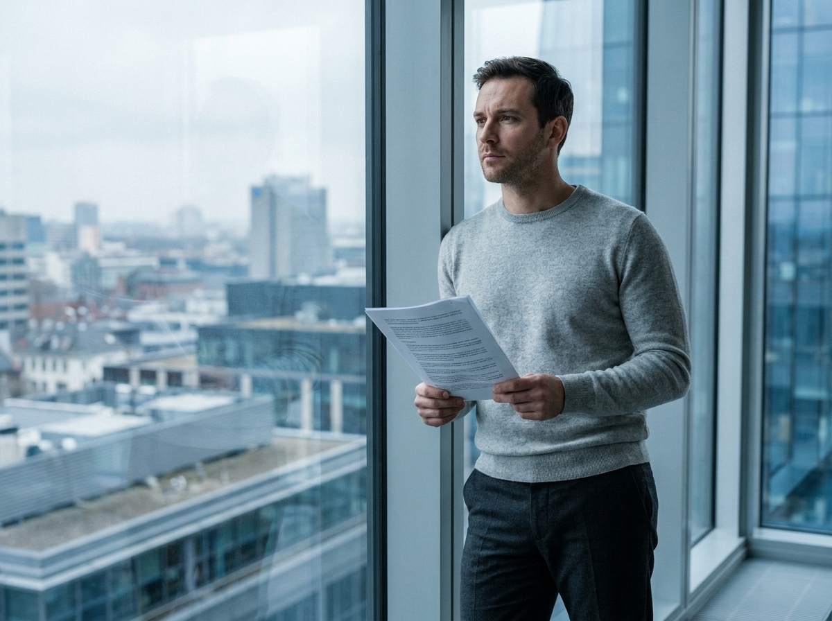 Consultant indépendant tenant un contrat de portage salarial devant une fenêtre panoramique avec vue sur la ville
