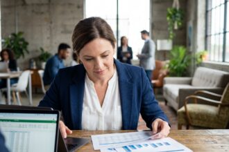 Consultante indépendante en portage salarial analysant ses revenus sur ordinateur portable dans un espace de coworking moderne